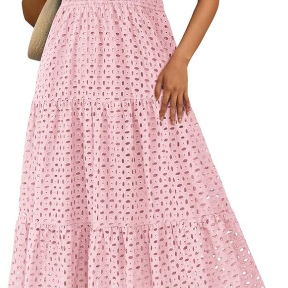 Womens 2025 Summer Maxi Dress Short Sleeve V Neck Hollow Out Eyelet A Line Long - Picture 1 of 7